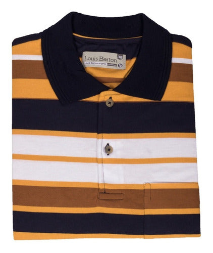 Camiseta Tipo Polo Rayas Mostaza, Café, Azul Oscuro Y Blanco