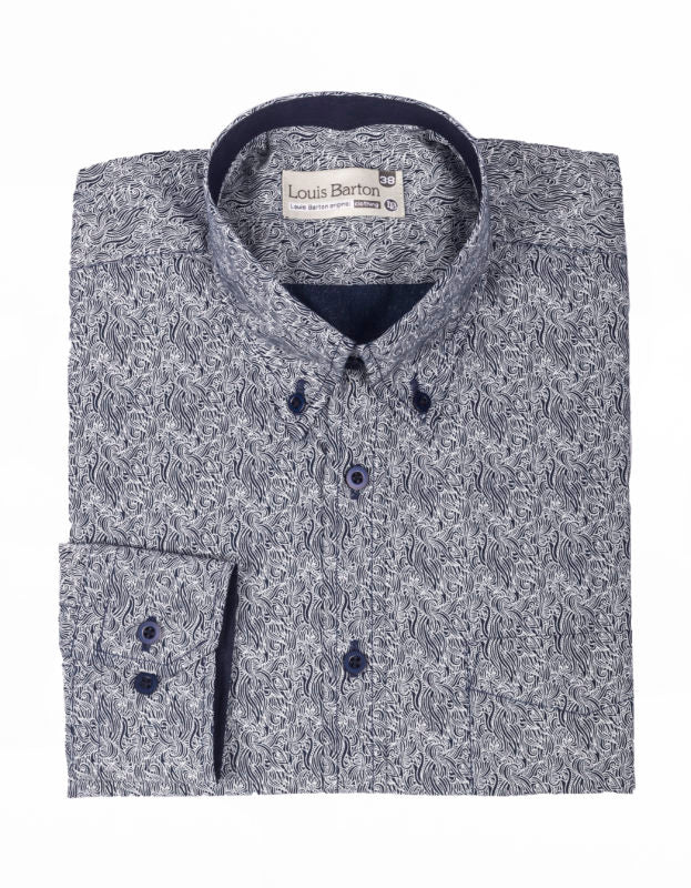 Camisa Manga Larga Azul Oscuro Print Olas - Moldería Informal