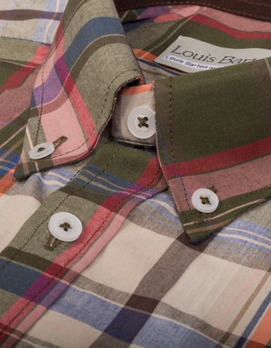 Camisa Manga Corta Cuadros Verde Oliva, Rayas Naranja Y Azul - Moldería informal