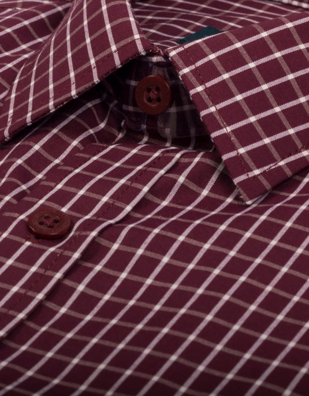 Camisa a Cuadros Manga Larga Color Vino Con Rayas Blancas - Moldería Clásica