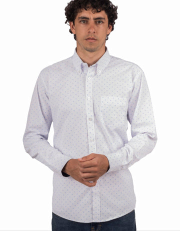 Camisa Manga Larga Blanca Miniprint Circulos Y Puntos Azules - Moldería informal