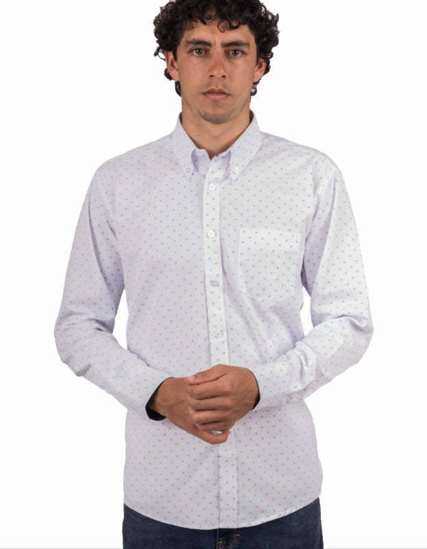 Camisa Manga Larga Blanca Miniprint Circulos Y Puntos Azules - Moldería informal