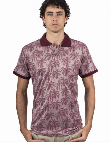 Camiseta Tipo Polo Vinotinto Estampado Palmeras