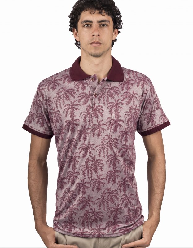 Camiseta Tipo Polo Vinotinto Estampado Palmeras