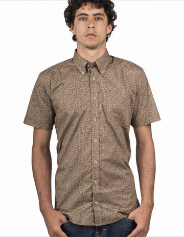 Camisa Manga Corta Café Miniprint Flores Azules - Moldería informal