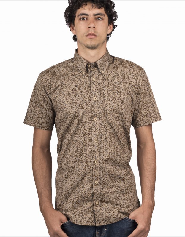 Camisa Manga Corta Café Miniprint Flores Azules - Moldería informal