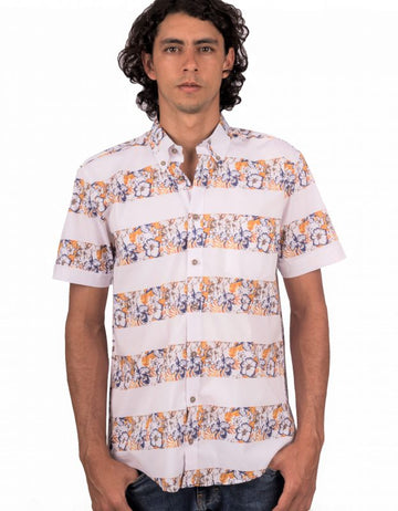 Camisa Manga Corta Franjas Blancas y Flores Amarillas Y Azules - Moldería informal
