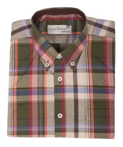 Camisa Manga Corta Cuadros Verde Oliva, Rayas Naranja Y Azul - Moldería informal