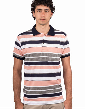 Camiseta Tipo Polo Rayas Azules Oscuras, Grises Y Rosadas