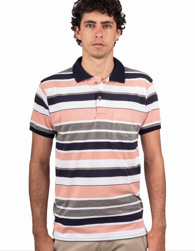 Camiseta Tipo Polo Rayas Azules Oscuras, Grises Y Rosadas