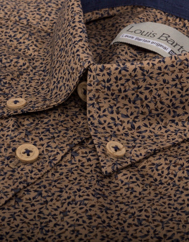 Camisa Manga Corta Café Miniprint Flores Azules - Moldería informal