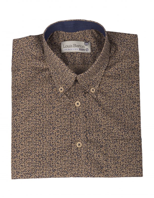 Camisa Manga Corta Café Miniprint Flores Azules - Moldería informal