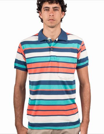 Camiseta Tipo Polo Rayas Naranja Azul Aguamarina Y Blanco