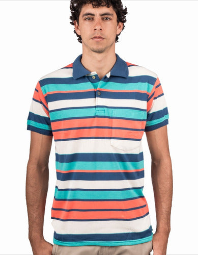 Camiseta Tipo Polo Rayas Naranja Azul Aguamarina Y Blanco
