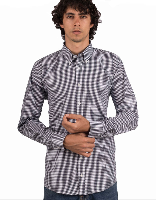 Camisa Manga Larga Moldería Informal Cuadros Y Circulos Azules Y Blancos - Moldería informal