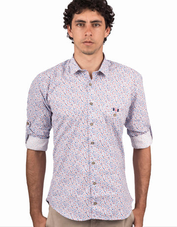 Camisa Manga Larga Estampado Floral Rojo Y Azul Detalle En Bolsillo - Moldería slim