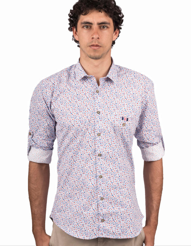 Camisa Manga Larga Estampado Floral Rojo Y Azul Detalle En Bolsillo - Moldería slim
