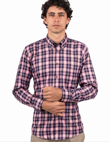 Camisa Manga Larga Cuadros Color Rosado Y Azul Oscuro - Moldería informal