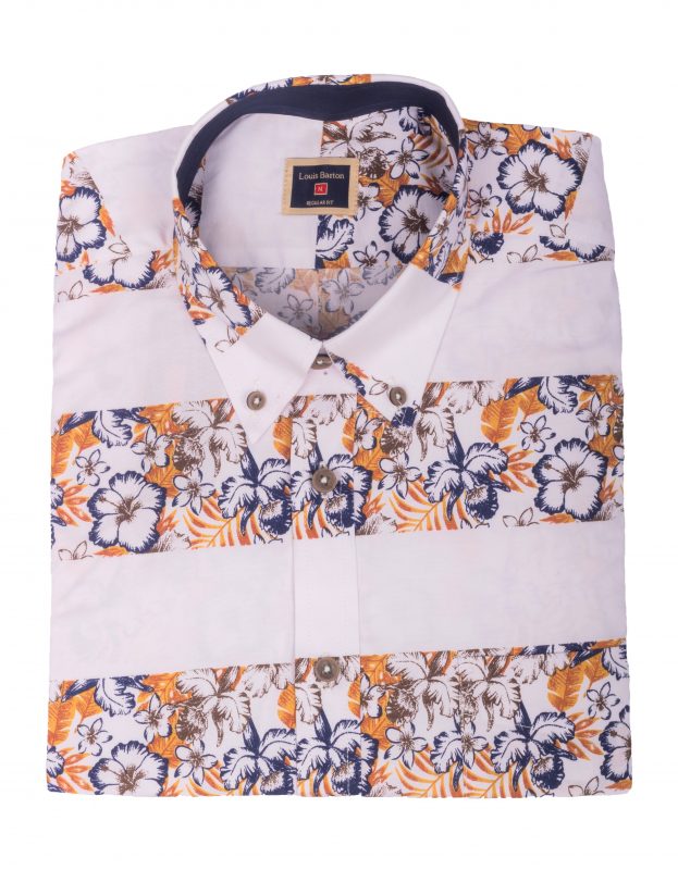 Camisa Manga Corta Franjas Blancas y Flores Amarillas Y Azules - Moldería informal