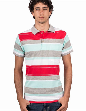 Camiseta Tipo Polo Rayas Rojas Grises y Aguamarina