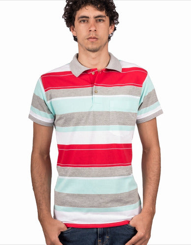 Camiseta Tipo Polo Rayas Rojas Grises y Aguamarina