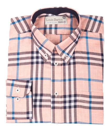Camisa Color Rosa Manga Larga con Rayas Negras y Azules - Moldería informal