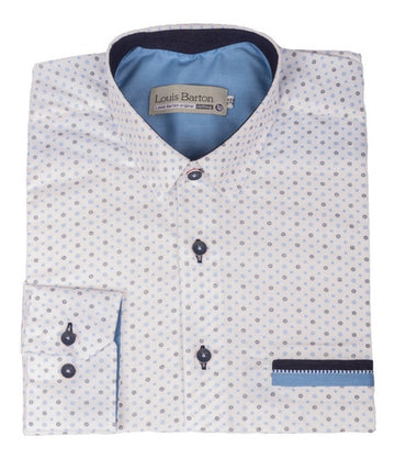 Camisa Blanca Manga Larga Miniprint Azul Detalle En Cuello - Moldería slim