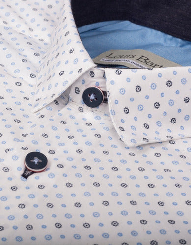 Camisa Blanca Manga Larga Miniprint Azul Detalle En Cuello - Moldería slim