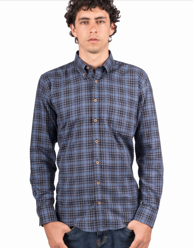 Camisa Tipo Leñadora Manga Larga Azul Oscuro Cuadros Negros - Moldería informal