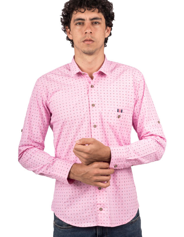Camisa Manga Larga Color Rosa Estampado Geométrico Con Detalle En Bolsillo - Moldería slim