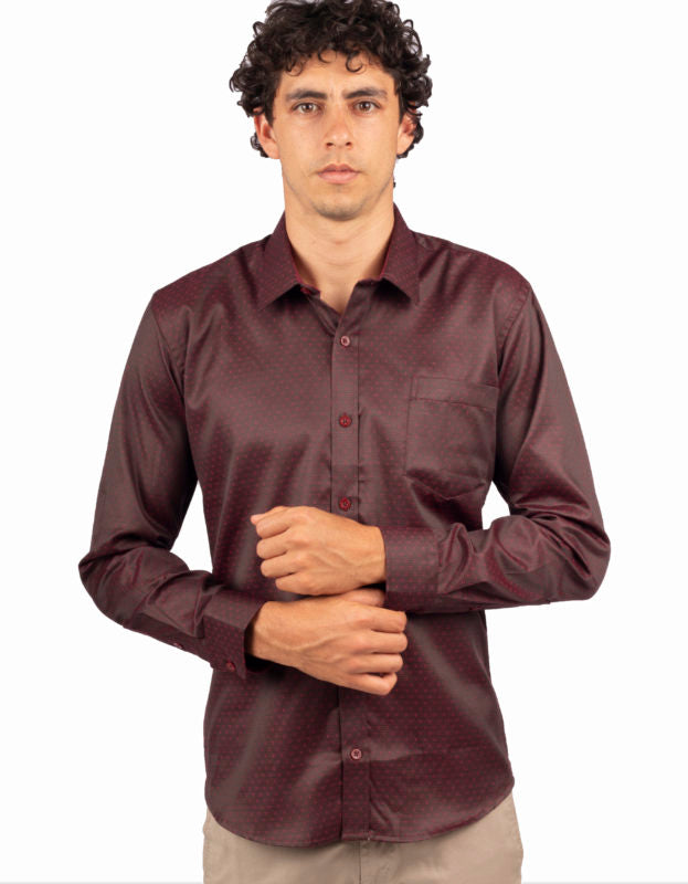 Camisa Vinotinto Brillante Manga Larga Puntos Rojos - Moldería slim