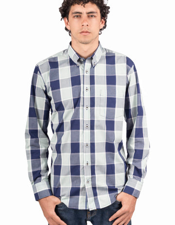 Camisa Manga Larga Cuadros Grandes Tonos Azules y Verde - Moldería informal