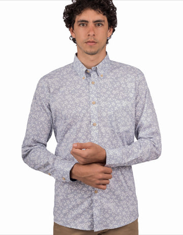 Camisa Manga Larga Azul Claro Estampado Flores - Moldería informal