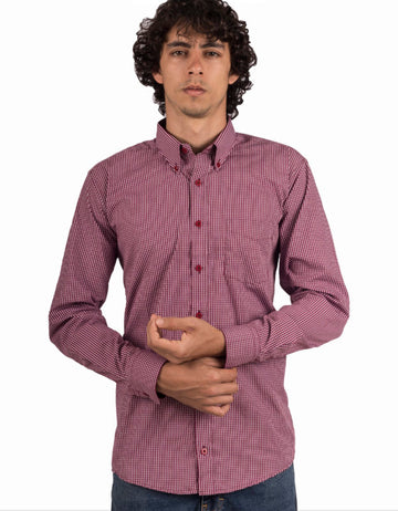 Camisa Manga Larga Cuadros Pequeños Blancos Y Rojos - Moldería informal