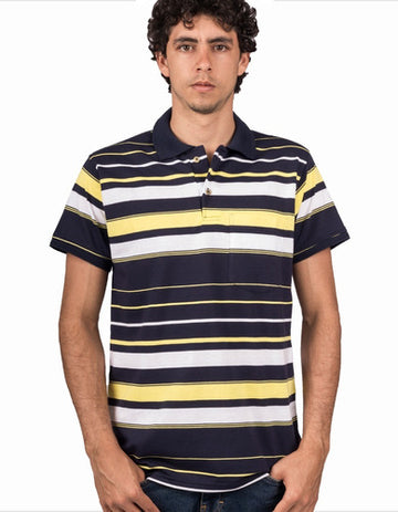 Camiseta Tipo Polo Rayas Azul Oscuro, Amarillo Y Blanco