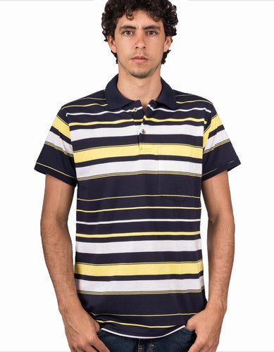 Camiseta Tipo Polo Rayas Azul Oscuro, Amarillo Y Blanco