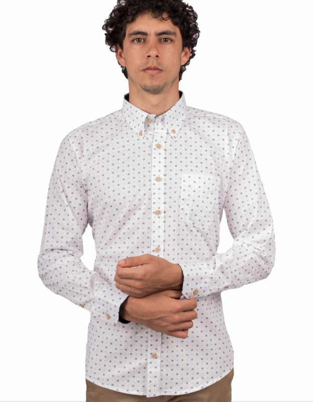 Camisa Manga Larga Estampada Formas Geométricas Color Azul - Moldería informal