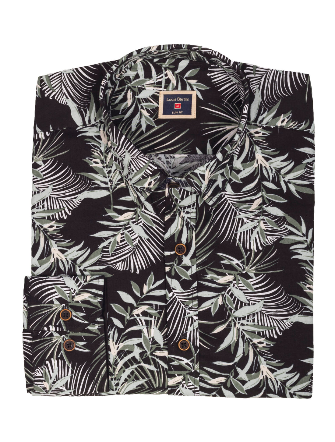 Camisa Manga Larga Negra Estampado Hojas Tropicales Verde y Blanco - Moldería slim