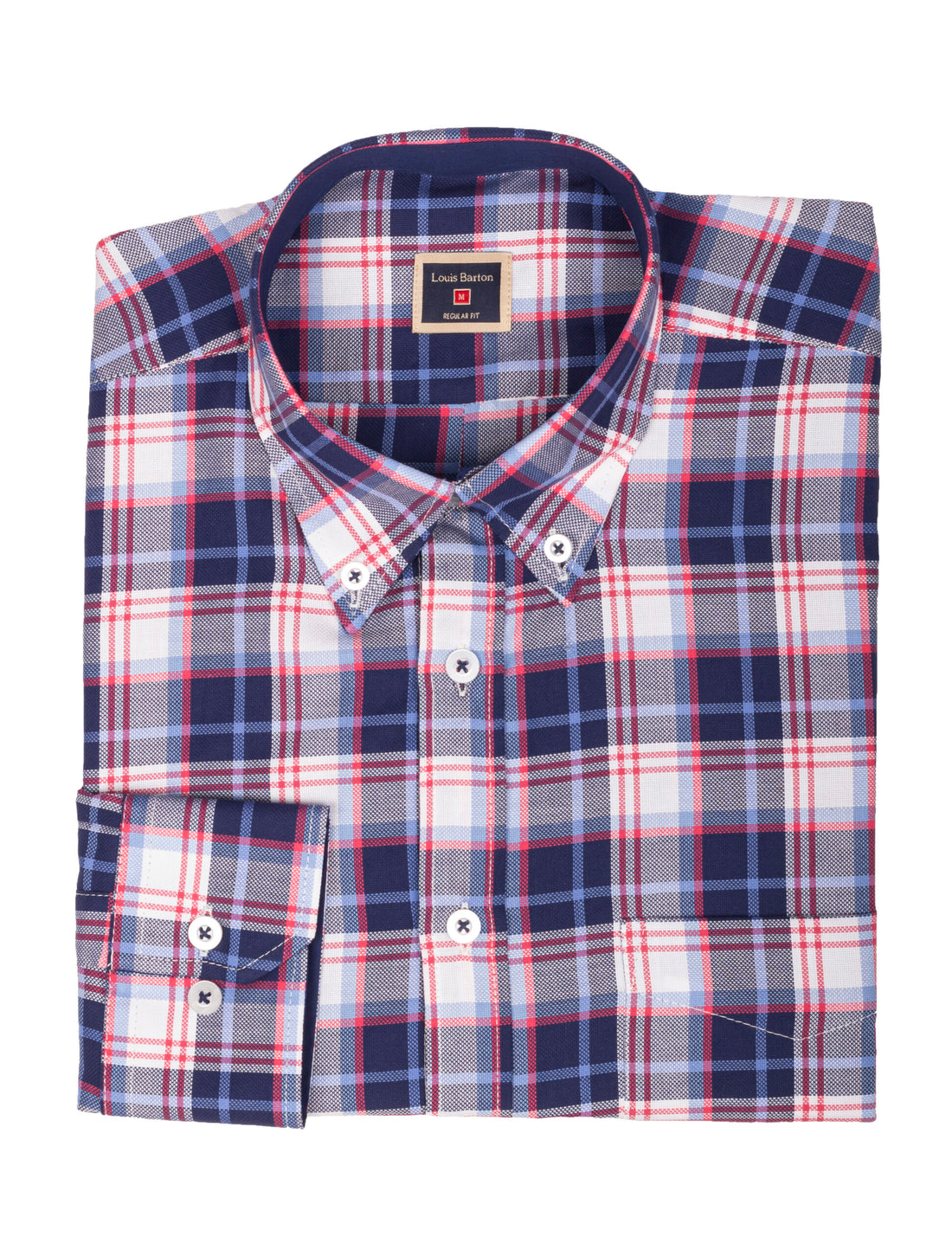 Camisa Manga Larga a Cuadros con Rayas Rojas, Blancas  y Azules - Moldería informal