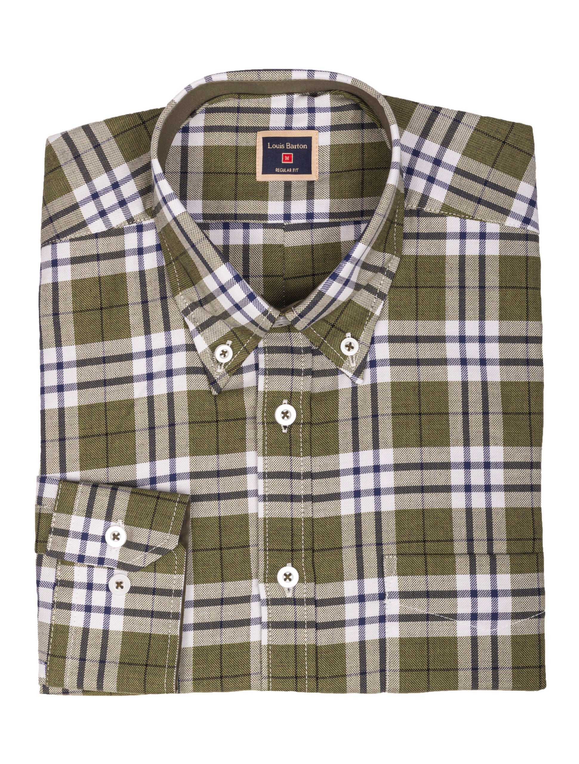Camisa a Cuadros Manga Larga Blanca, Rayas Verdes y Azules - Moldería informal