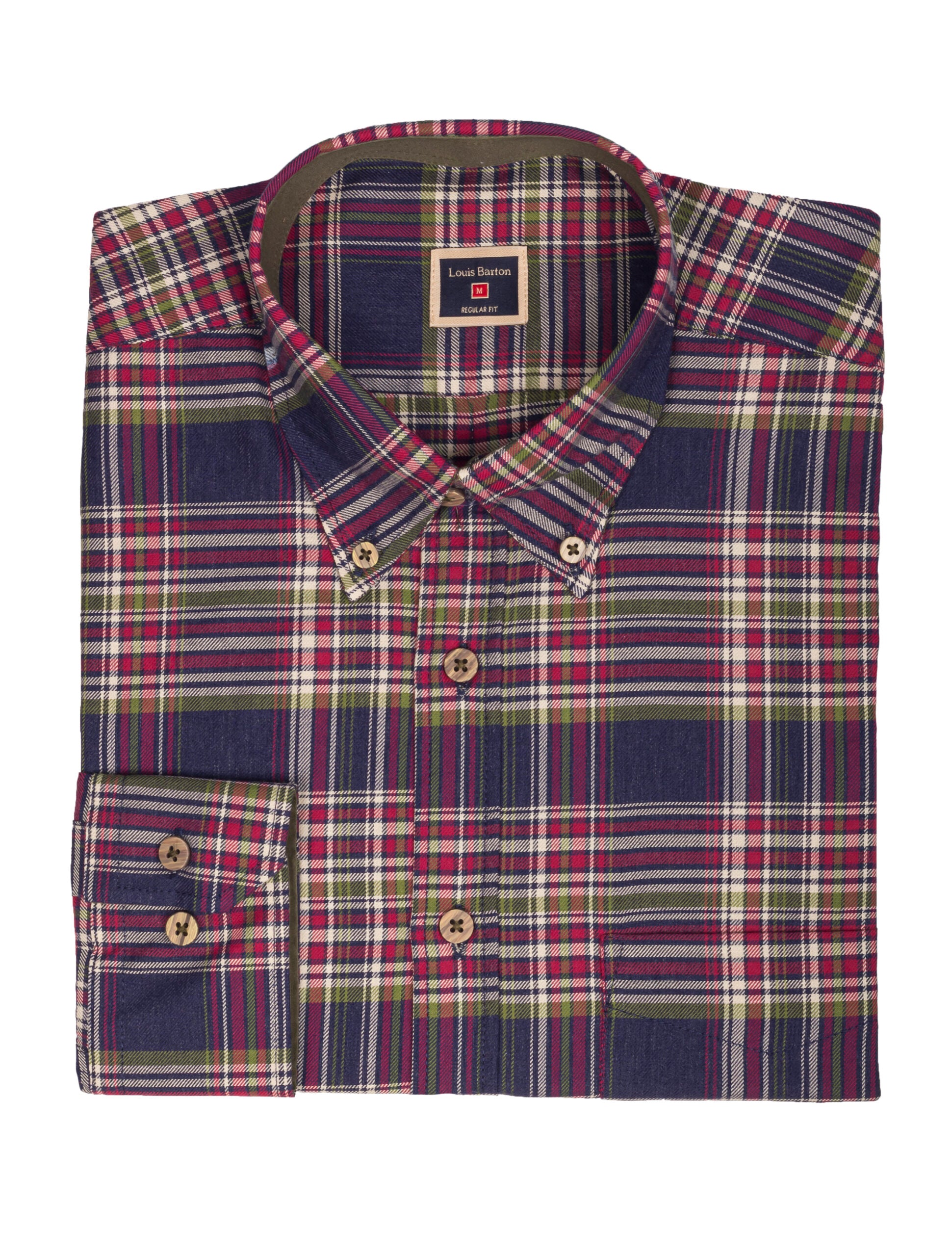 Camisa Manga Larga Azul a Cuadros, Rayas Verdes, Beige y Fucsia - Moldería informal