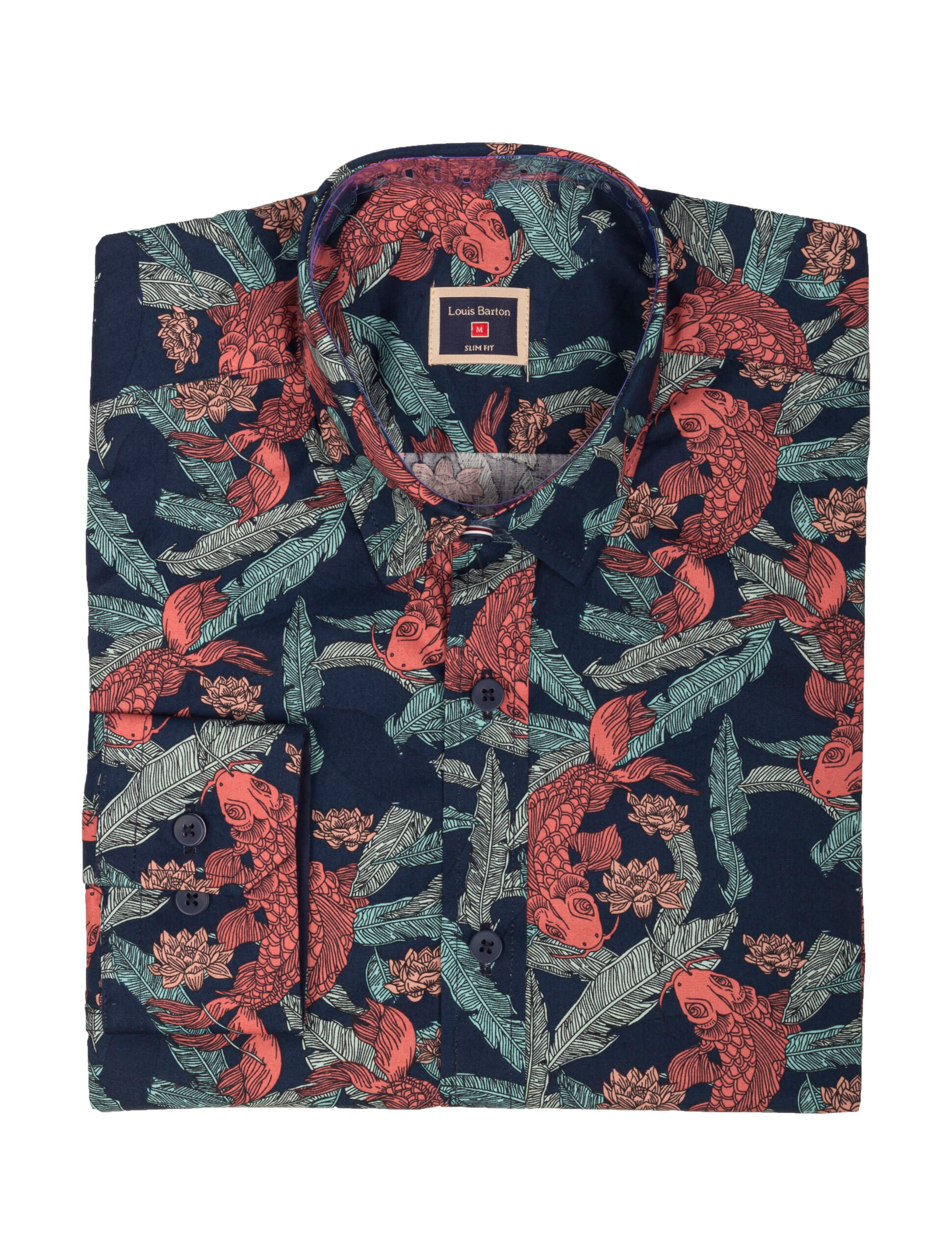 Camisa Manga Larga Azul Oscura Estampados Peces Azules - Moldería slim