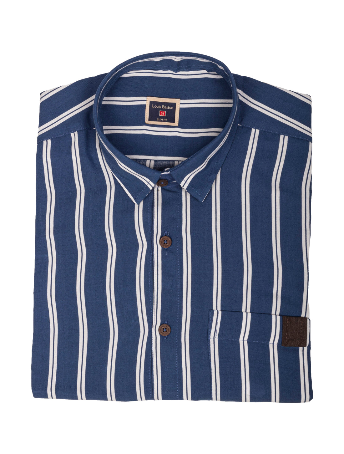 Camisa Azul Manga Corta en Chalis Rayas Blancas - Moldería slim