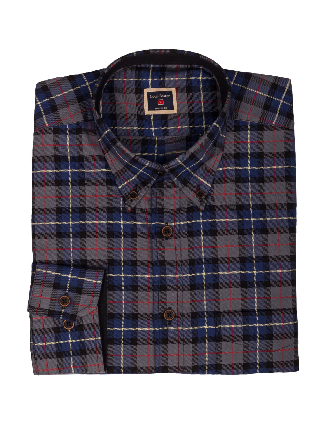 Camisa a Cuadros Manga Larga Azul Rayas Amarillas, Grises y Negras - Moldería informal