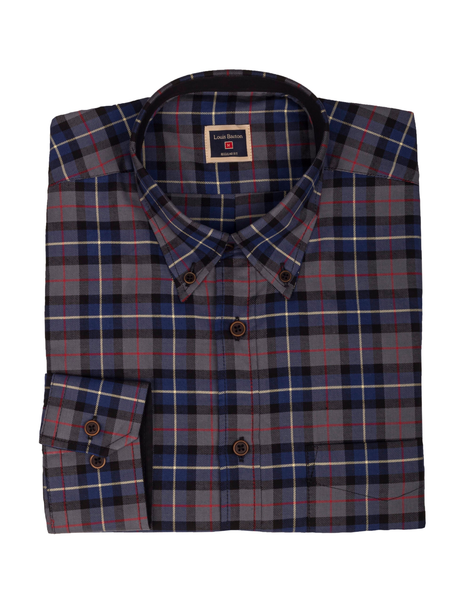 Camisa a Cuadros Manga Larga Azul Rayas Amarillas, Grises y Negras - Moldería informal