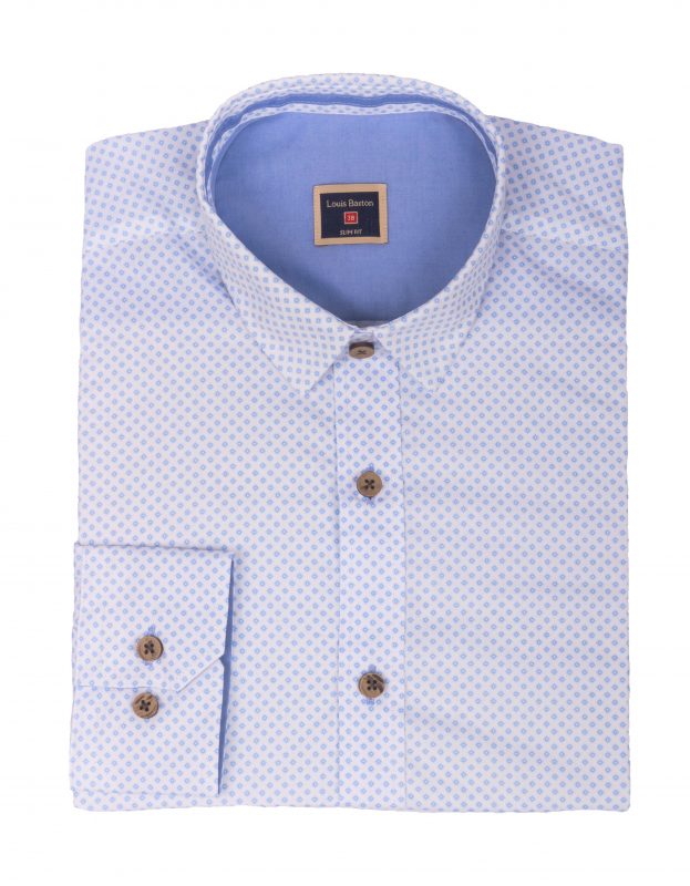 Camisa Manga Larga Estampado Azul Botón De Coco Y Charretera - Moldería slim