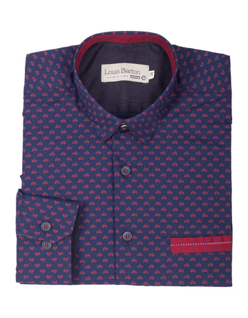 Camisa Manga Larga Color Azul Oscuro Print Motos Rojas- Moldería informal