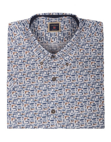 Camisa Manga Corta Print Abstracto Azul Y Ocre - Moldería informal