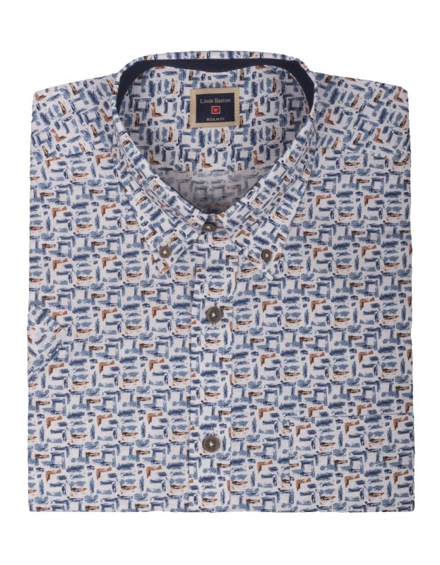Camisa Manga Corta Print Abstracto Azul Y Ocre - Moldería informal