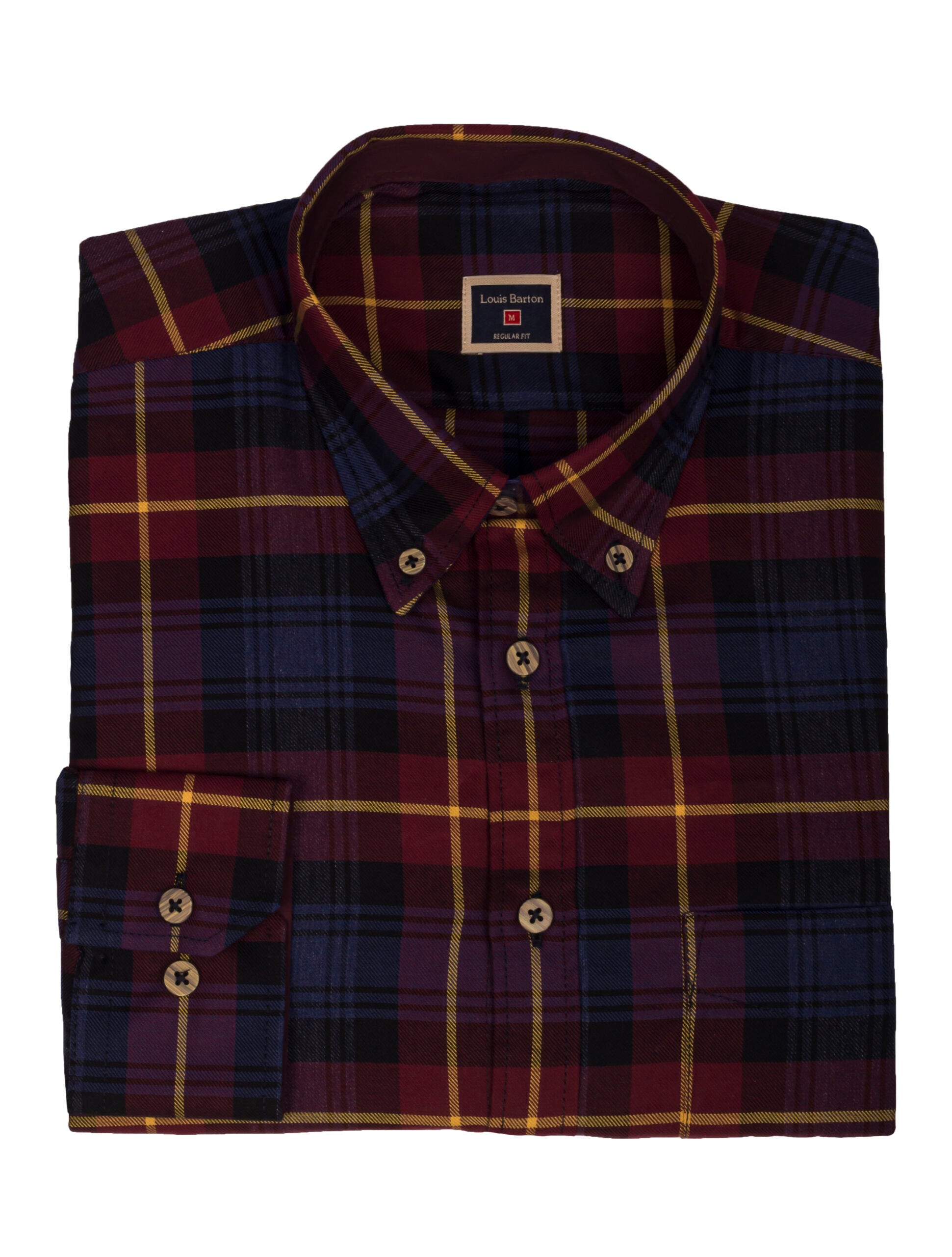 Camisa Manga Larga Vino Tinto Cuadros Negros Y Rayas Amarillas - Moldería informal